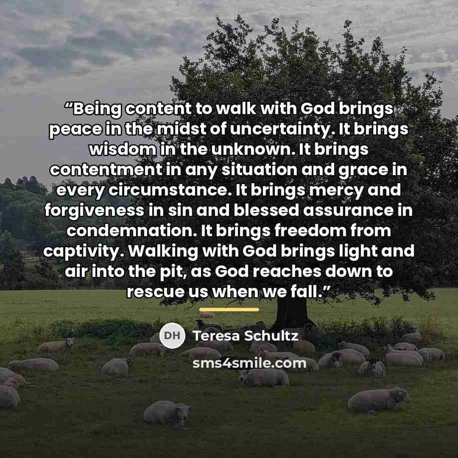“Being content to walk with God brings peace in the midst of uncertainty. It brings wisdom in the unknown. It brings contentment in any situation and grace in every circumstance. It brings mercy and forgiveness in sin and blessed assurance in condemnation. It brings freedom from captivity. Walking…” quote by Teresa Schultz
