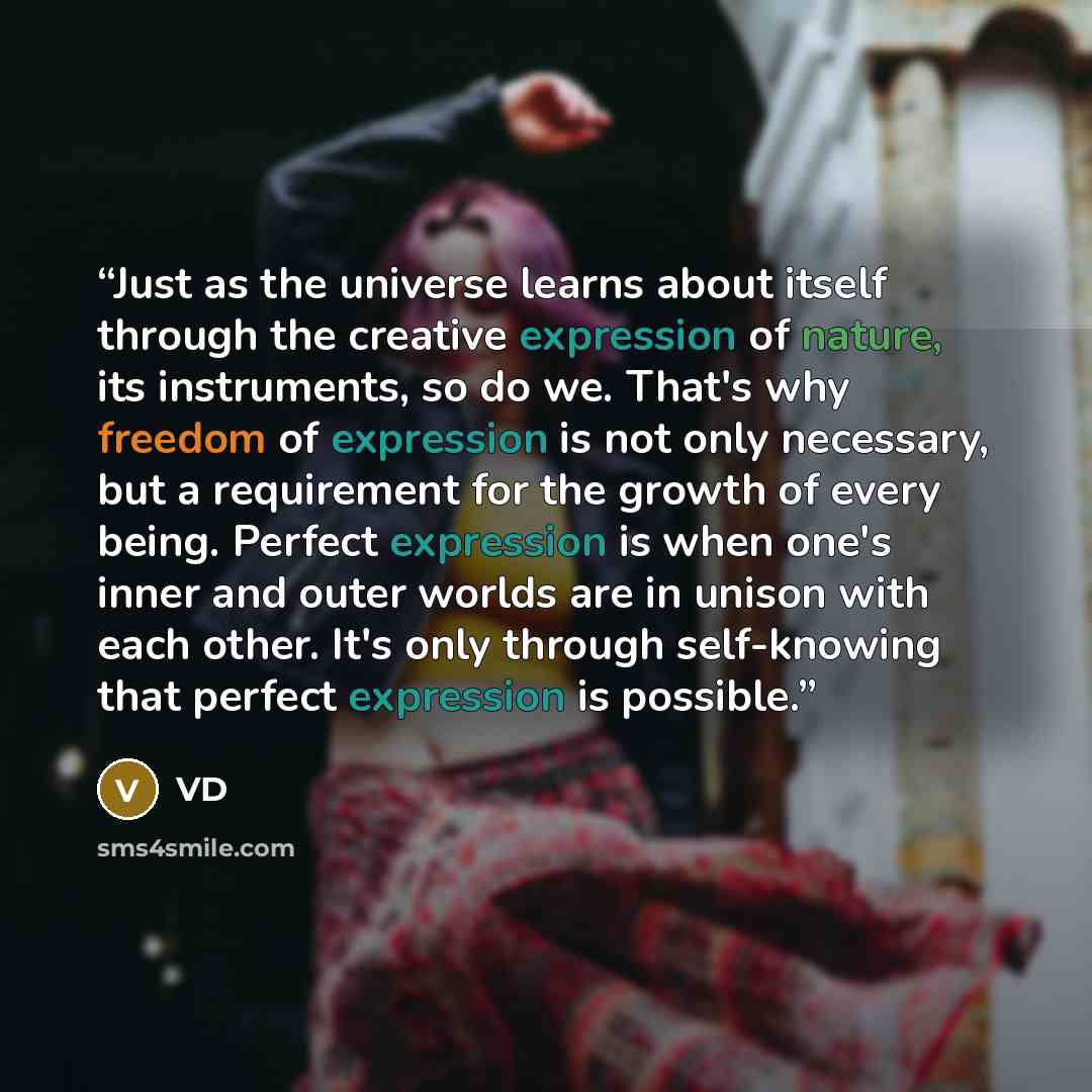 “Just as the universe learns about itself through the creative expression of nature, its instruments, so do we. That's why freedom of expression is not only necessary, but a requirement for the growth of every being. Perfect expression is when one's inner and outer worlds are in unison with each…” quote by VD