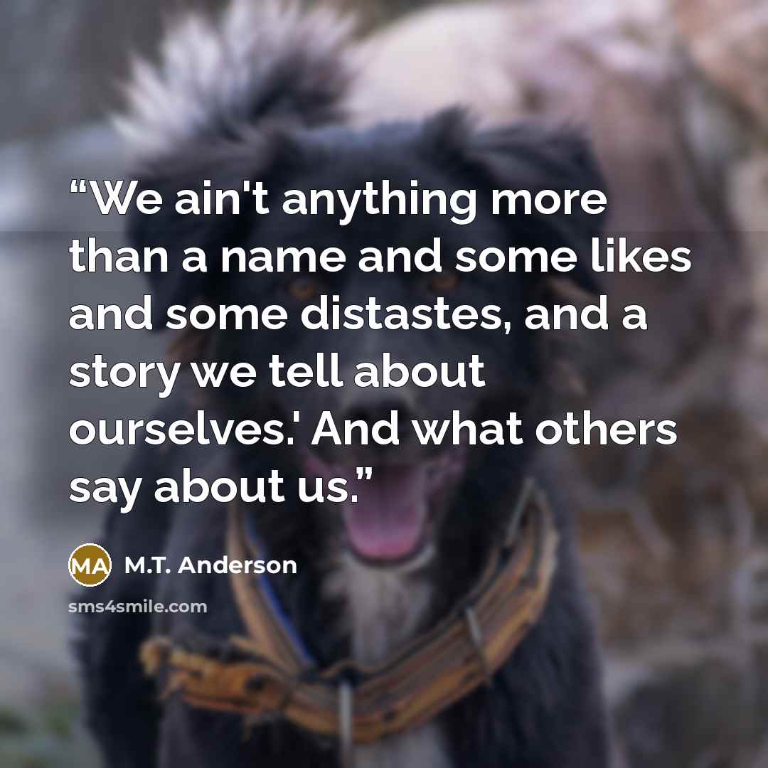 “We ain't anything more than a name and some likes and some distastes, and a story we tell about ourselves.' And what others say about us.” quote by M.T. Anderson