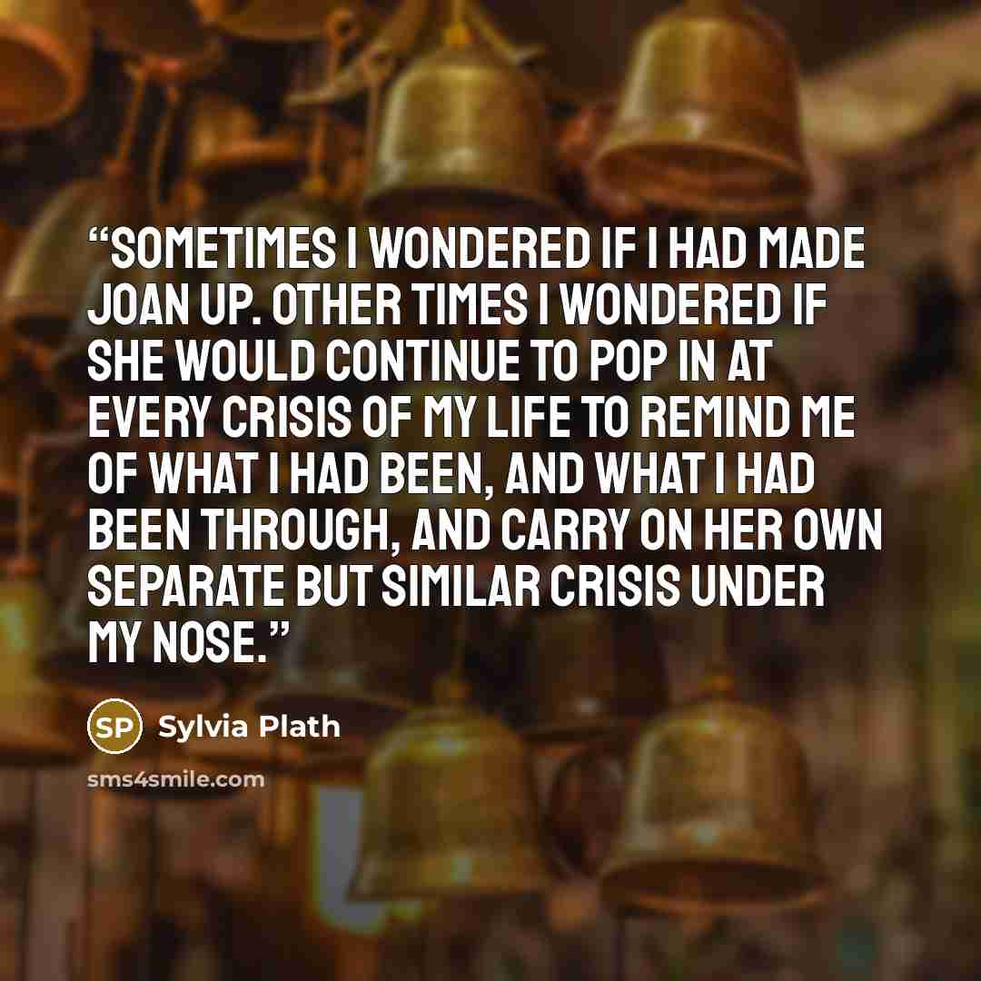 “Sometimes I wondered if I had made Joan up. Other times I wondered if she would continue to pop in at every crisis of my life to remind me of what I had been, and what I had been through, and carry on her own separate but similar crisis under my nose.” quote by Sylvia Plath