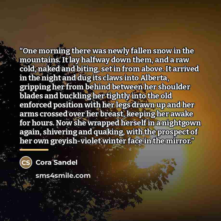 “One morning there was newly fallen snow in the mountains. It lay halfway down them, and a raw cold, naked and biting, set in from above. It arrived in the night and dug its claws into Alberta, gripping her from behind between her shoulder blades and buckling her tightly into the old enforced…” quote by Cora Sandel