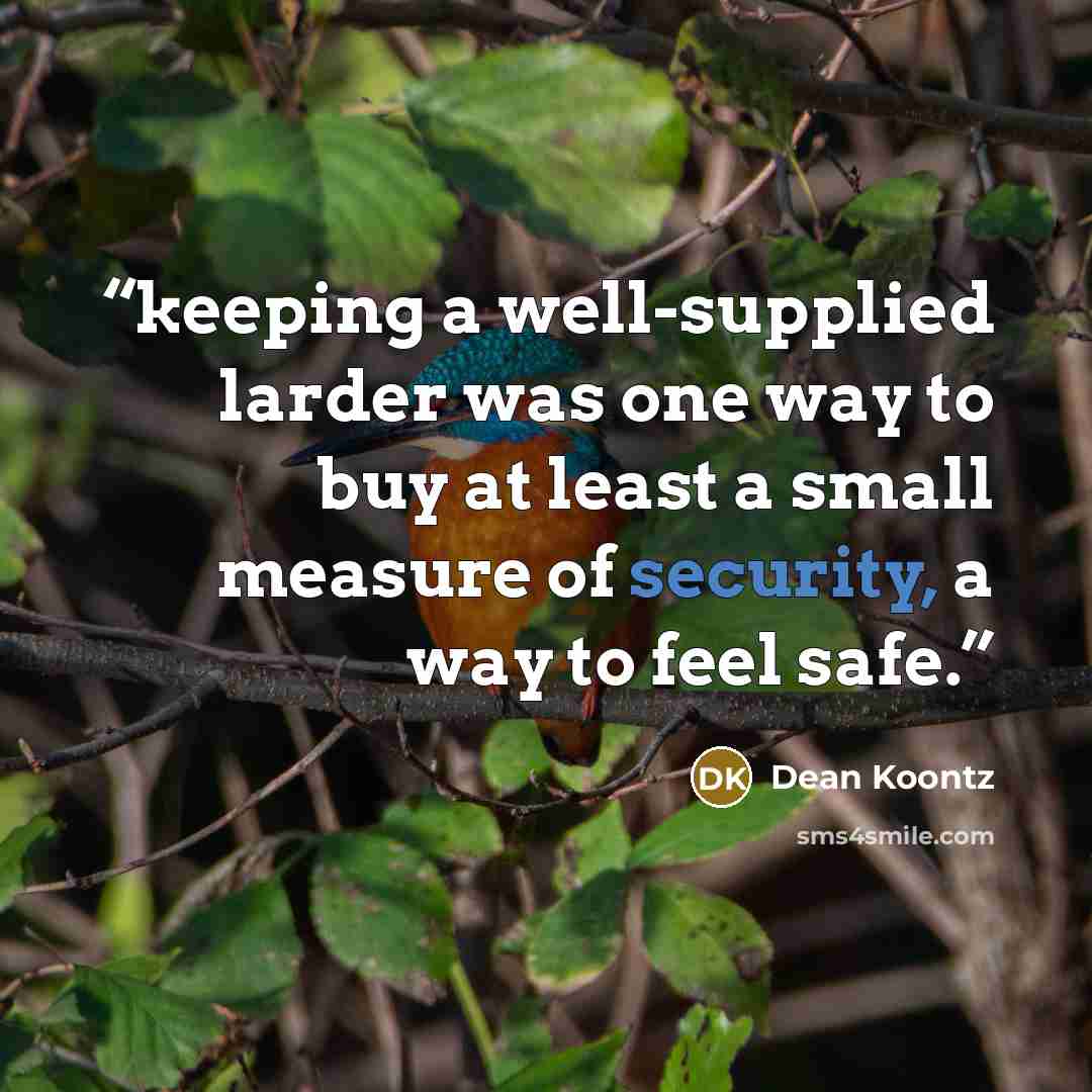 “keeping a well-supplied larder was one way to buy at least a small measure of security, a way to feel safe.” quote by Dean Koontz