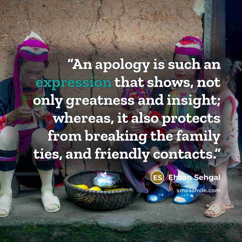 “An apology is such an expression that shows, not only greatness and insight; whereas, it also protects from breaking the family ties, and friendly contacts.” quote by Ehsan Sehgal
