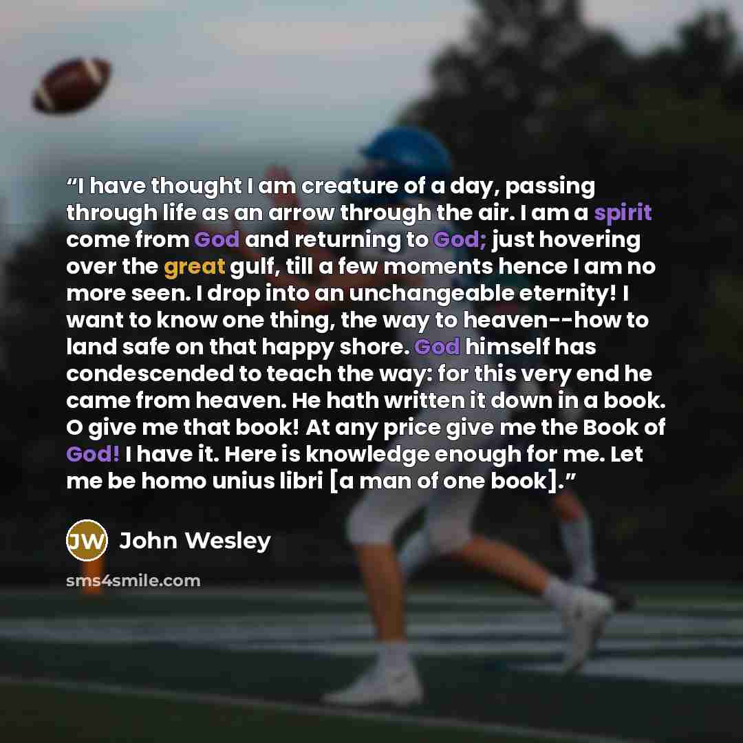 “I have thought I am creature of a day, passing through life as an arrow through the air. I am a spirit come from God and returning to God; just hovering over the great gulf, till a few moments hence I am no more seen. I drop into an unchangeable eternity! I want to know one thing, the way to…” quote by John Wesley
