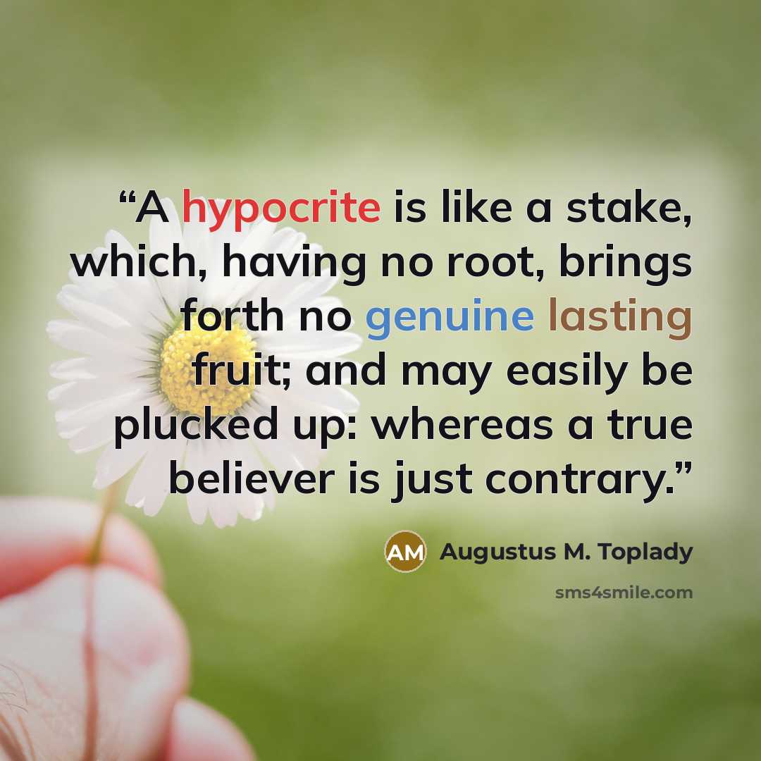 “A hypocrite is like a stake, which, having no root, brings forth no genuine lasting fruit; and may easily be plucked up: whereas a true believer is just contrary.” quote by Augustus M. Toplady