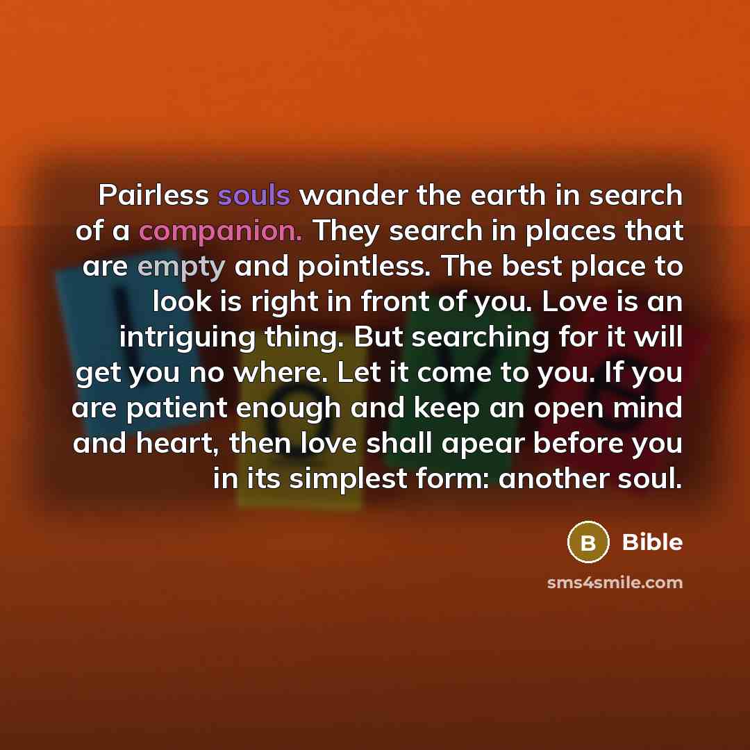 “Pairless souls wander the earth in search of a companion. They search in places that are empty and pointless. The best place to look is right in front of you. Love is an intriguing thing. But searching for it will get you no where. Let it come to you. If you are patient enough and keep an open…” quote by Bible