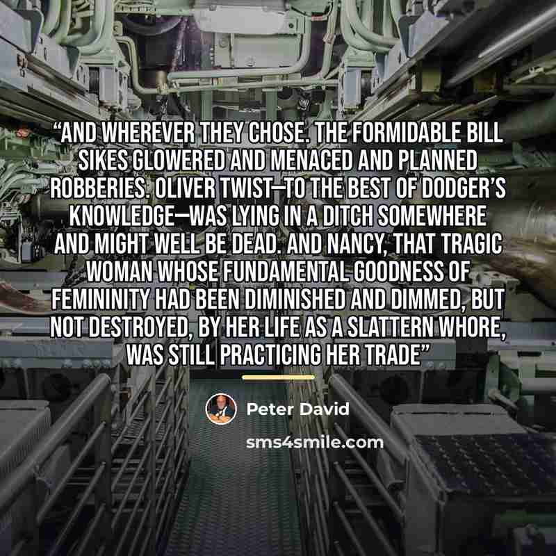 “and wherever they chose. The formidable Bill Sikes glowered and menaced and planned robberies. Oliver Twist—to the best of Dodger’s knowledge—was lying in a ditch somewhere and might well be dead. And Nancy, that tragic woman whose fundamental goodness of femininity had been diminished and dimmed…” quote by Peter David