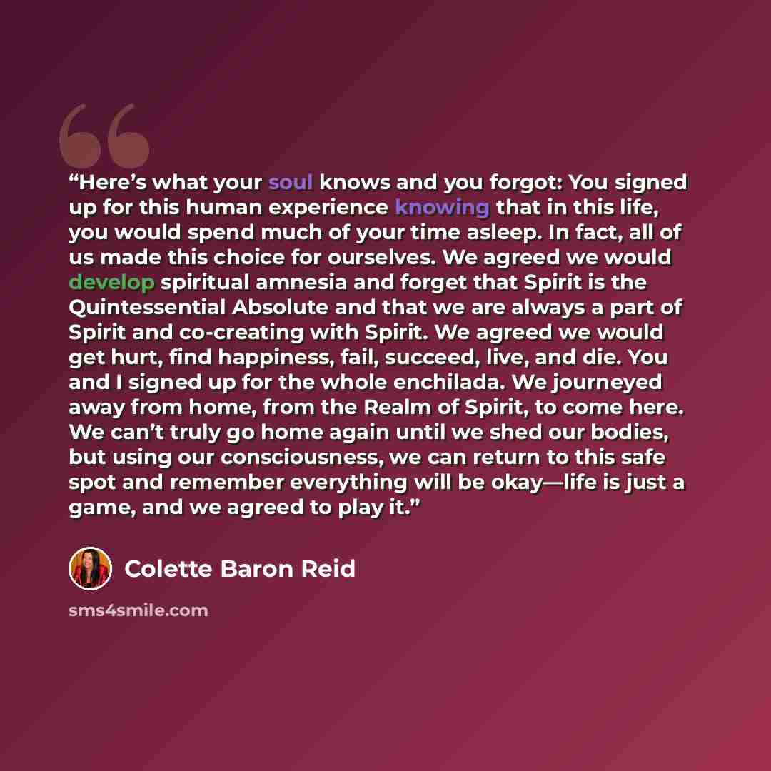 “Here’s what your soul knows and you forgot: You signed up for this human experience knowing that in this life, you would spend much of your time asleep. In fact, all of us made this choice for ourselves. We agreed we would develop spiritual amnesia and forget that Spirit is the Quintessential…” quote by Colette Baron Reid