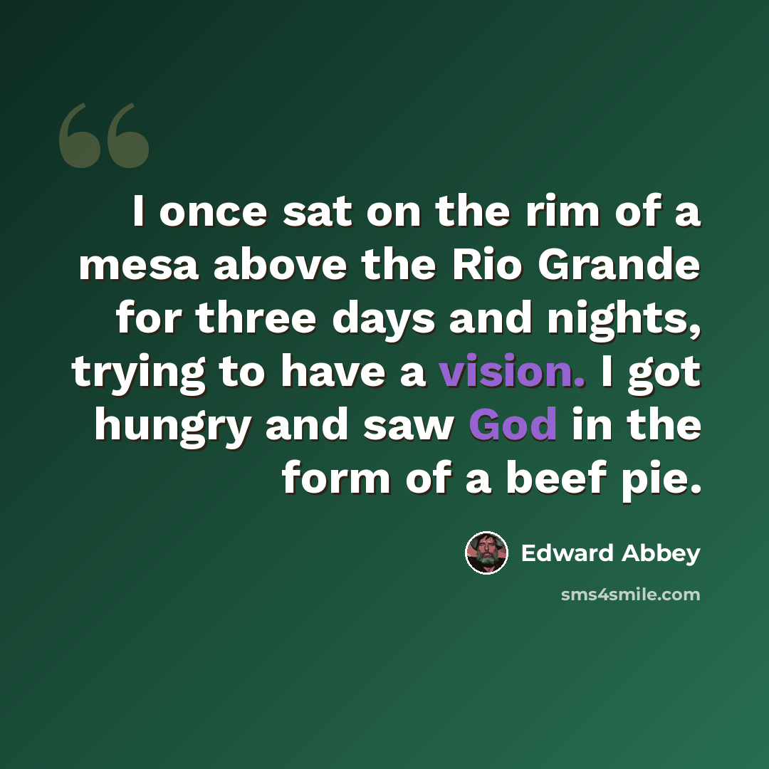 “I once sat on the rim of a mesa above the Rio Grande for three days and nights, trying to have a vision. I got hungry and saw God in the form of a beef pie.” quote by Edward Abbey