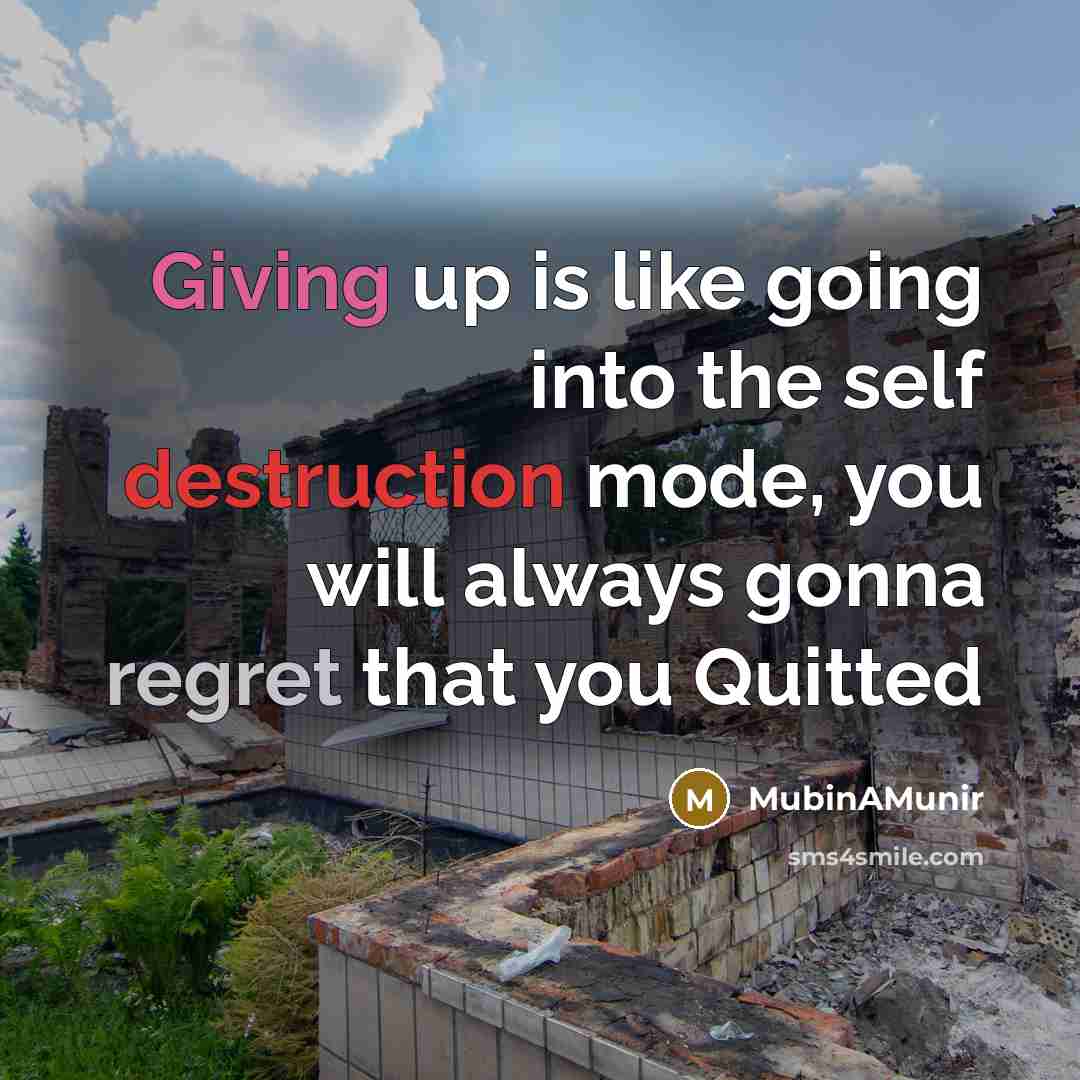“Giving up is like going into the self destruction mode, you will always gonna regret that you Quitted” quote by MubinAMunir