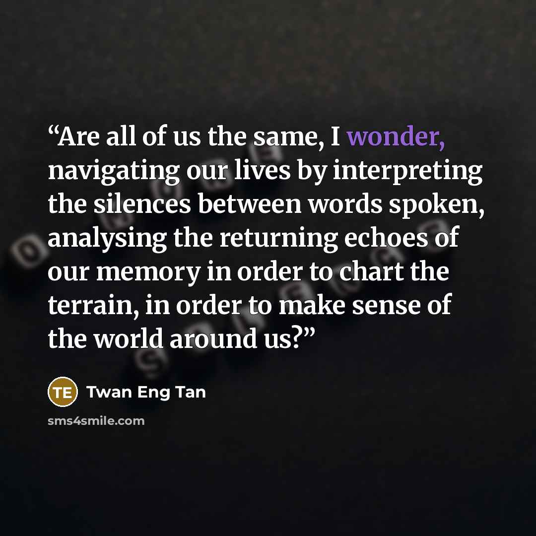 “Are all of us the same, I wonder, navigating our lives by interpreting the silences between words spoken, analysing the returning echoes of our memory in order to chart the terrain, in order to make sense of the world around us?” quote by Twan Eng Tan