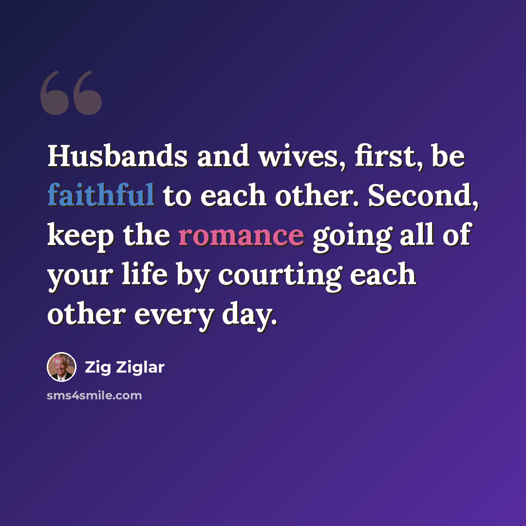 “Husbands and wives, first, be faithful to each other. Second, keep the romance going all of your life by courting each other every day.” quote by Zig Ziglar