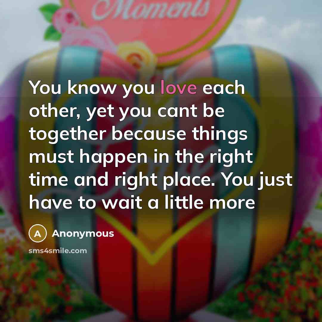 “You know you love each other, yet you cant be together because things must happen in the right time and right place. You just have to wait a little more” quote by Anonymous