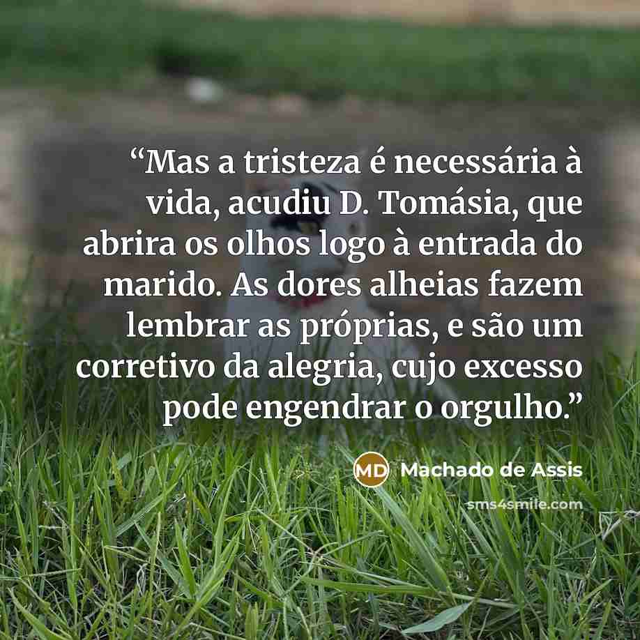 “Mas a tristeza é necessária à vida, acudiu D. Tomásia, que abrira os olhos logo à entrada do marido. As dores alheias fazem lembrar as próprias, e são um corretivo da alegria, cujo excesso pode engendrar o orgulho.” quote by Machado de Assis