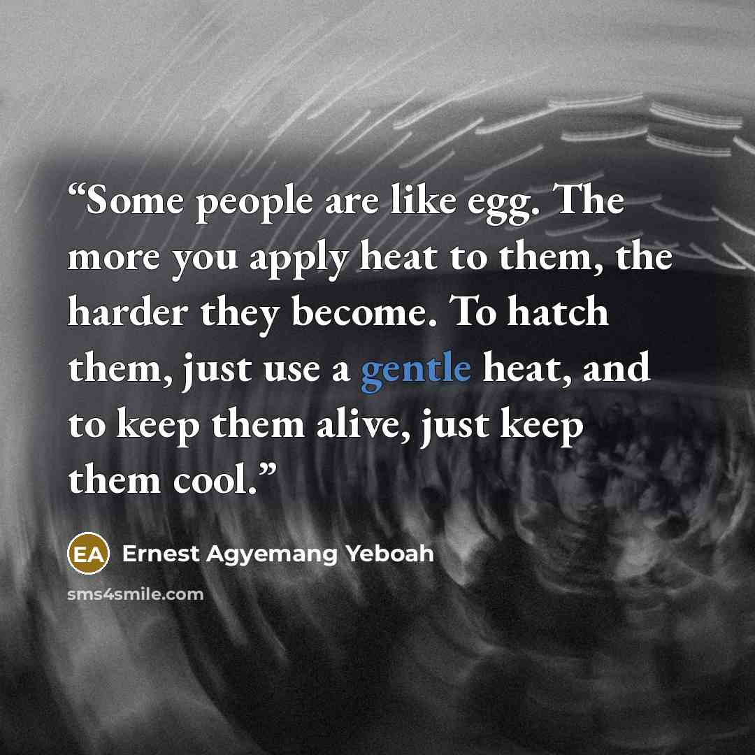 “Some people are like egg. The more you apply heat to them, the harder they become. To hatch them, just use a gentle heat, and to keep them alive, just keep them cool.” quote by Ernest Agyemang Yeboah