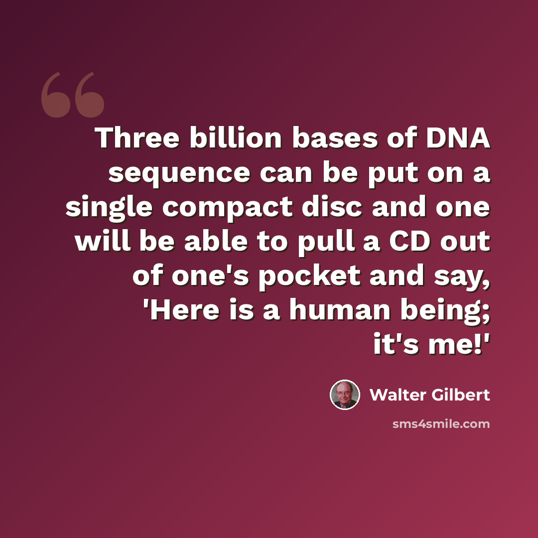 “Three billion bases of DNA sequence can be put on a single compact disc and one will be able to pull a CD out of one's pocket and say, 'Here is a human being; it's me!'” quote by Walter Gilbert