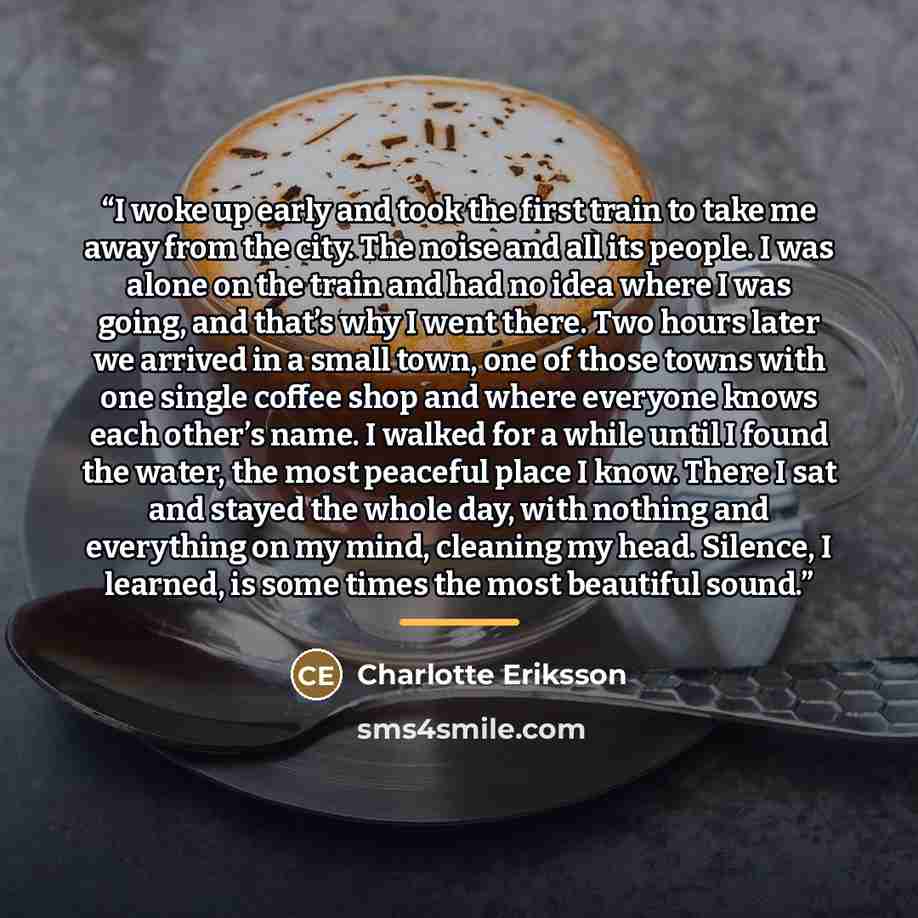 “I woke up early and took the first train to take me away from the city. The noise and all its people. I was alone on the train and had no idea where I was going, and that’s why I went there. Two hours later we arrived in a small town, one of those towns with one single coffee shop and where…” quote by Charlotte Eriksson