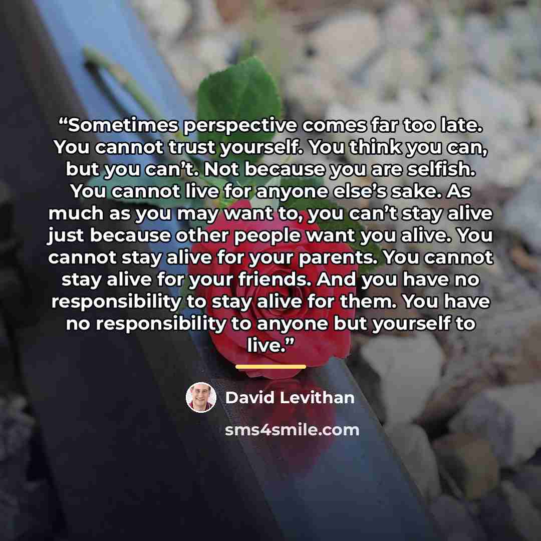 “Sometimes perspective comes far too late. You cannot trust yourself. You think you can, but you can’t. Not because you are selfish. You cannot live for anyone else’s sake. As much as you may want to, you can’t stay alive just because other people want you alive. You cannot stay alive for your…” quote by David Levithan