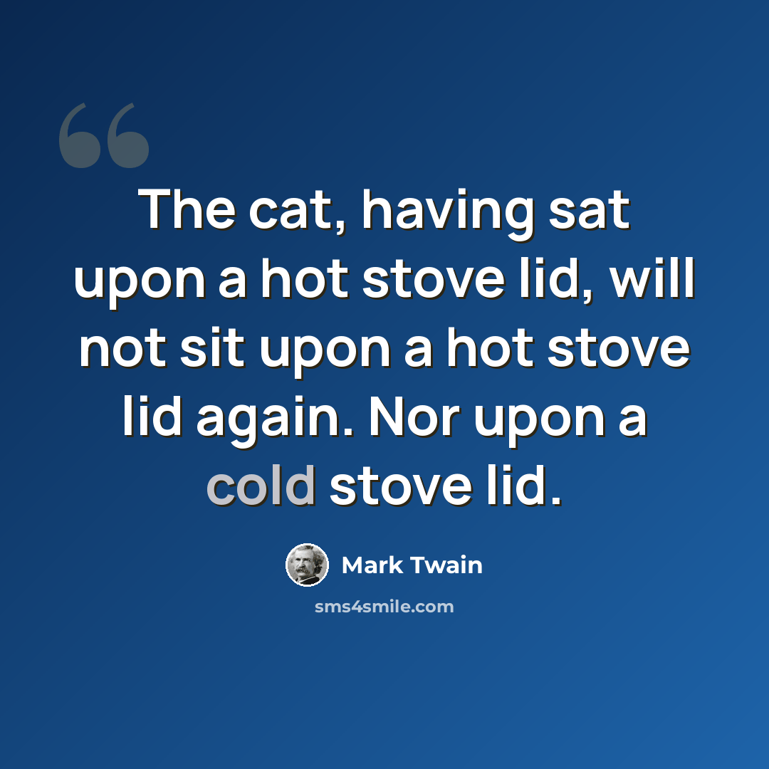 “The cat, having sat upon a hot stove lid, will not sit upon a hot stove lid again. Nor upon a cold stove lid.” quote by Mark Twain