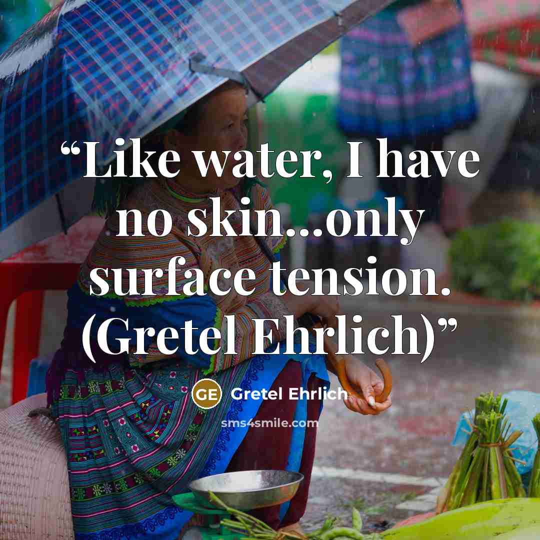 “Like water, I have no skin...only surface tension. (Gretel Ehrlich)” quote by Gretel Ehrlich