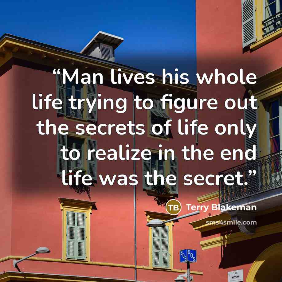 “Man lives his whole life trying to figure out the secrets of life only to realize in the end life was the secret.” quote by Terry Blakeman