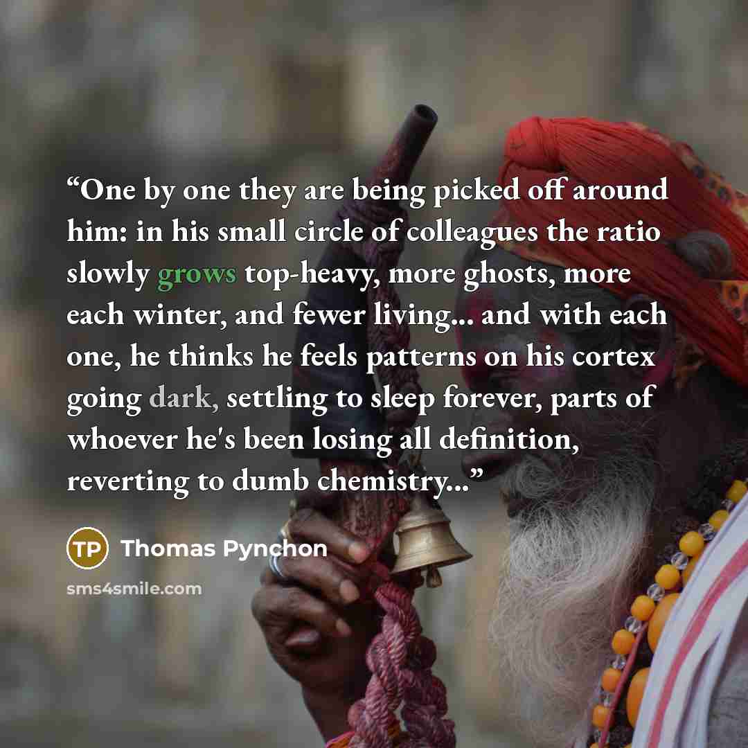 “One by one they are being picked off around him: in his small circle of colleagues the ratio slowly grows top-heavy, more ghosts, more each winter, and fewer living... and with each one, he thinks he feels patterns on his cortex going dark, settling to sleep forever, parts of whoever he's been…” quote by Thomas Pynchon