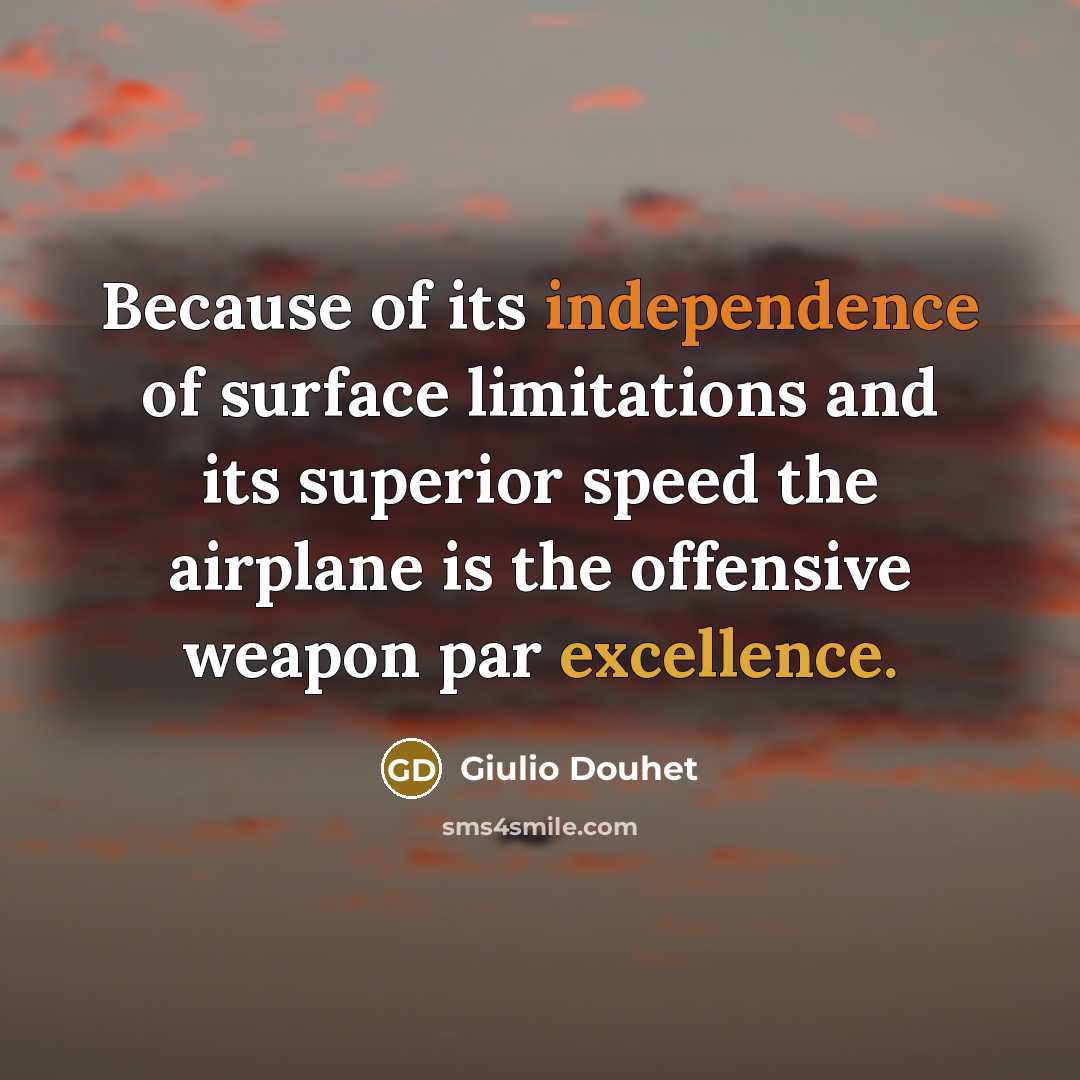 “Because of its independence of surface limitations and its superior speed the airplane is the offensive weapon par excellence.” quote by Giulio Douhet