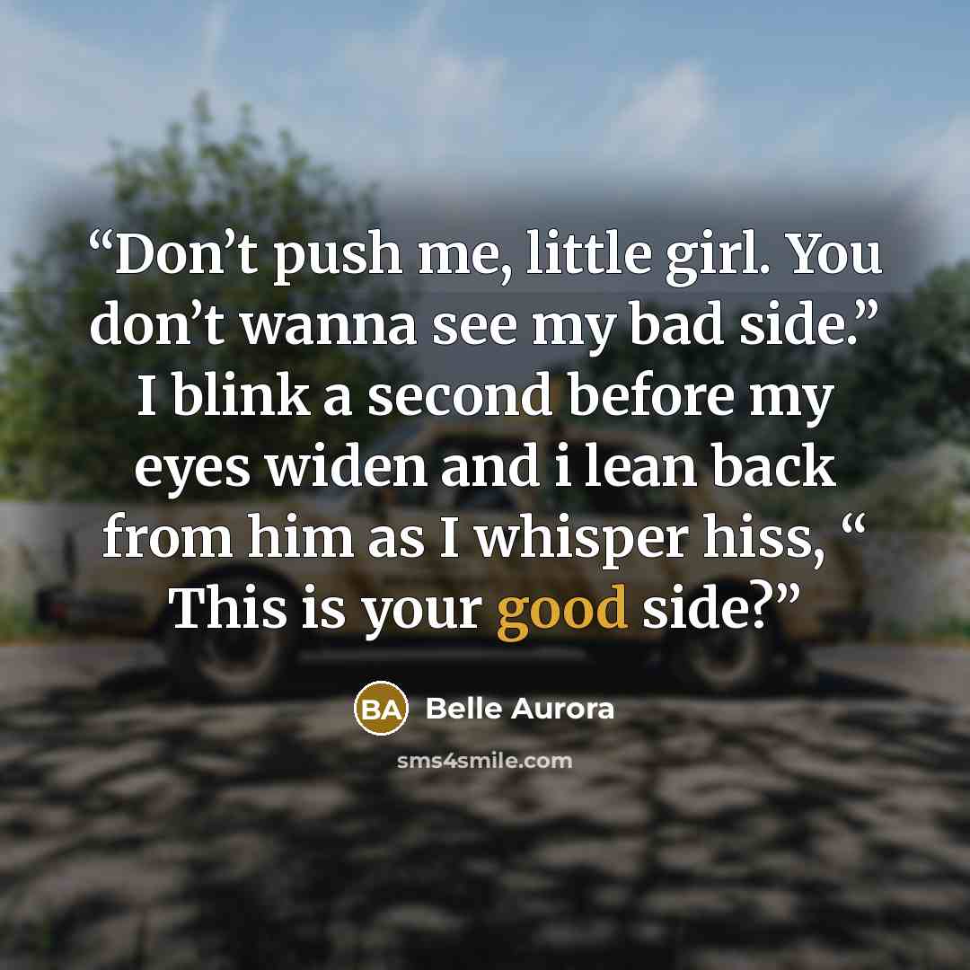 “Don’t push me, little girl. You don’t wanna see my bad side.” I blink a second before my eyes widen and i lean back from him as I whisper hiss, “ This is your good side?” quote by Belle Aurora