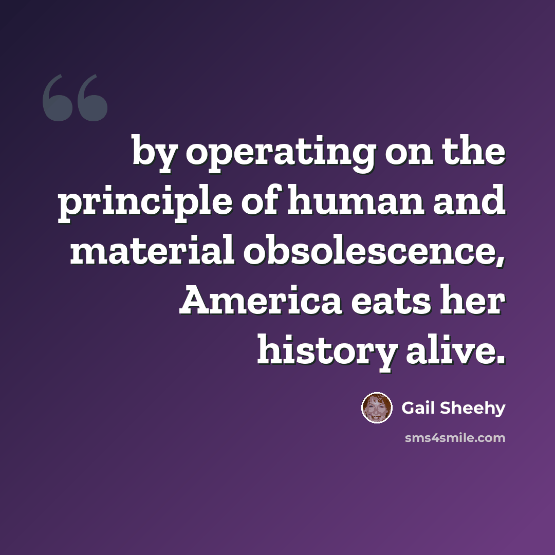 “by operating on the principle of human and material obsolescence, America eats her history alive.” quote by Gail Sheehy