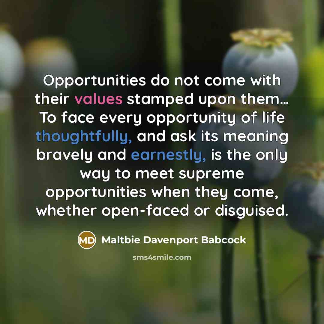 “Opportunities do not come with their values stamped upon them… To face every opportunity of life thoughtfully, and ask its meaning bravely and earnestly, is the only way to meet supreme opportunities when they come, whether open-faced or disguised.” quote by Maltbie Davenport Babcock