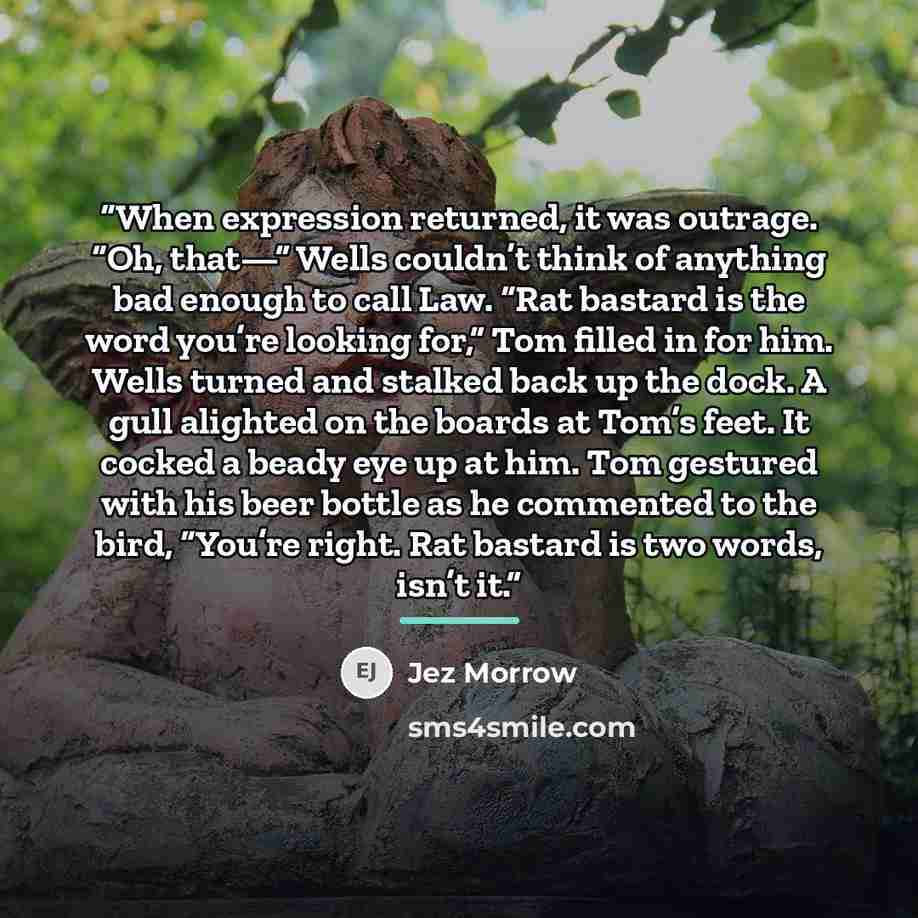 “When expression returned, it was outrage. “Oh, that—” Wells couldn’t think of anything bad enough to call Law. “Rat bastard is the word you’re looking for,” Tom filled in for him. Wells turned and stalked back up the dock. A gull alighted on the boards at Tom’s feet. It cocked a beady eye up at…” quote by Jez Morrow