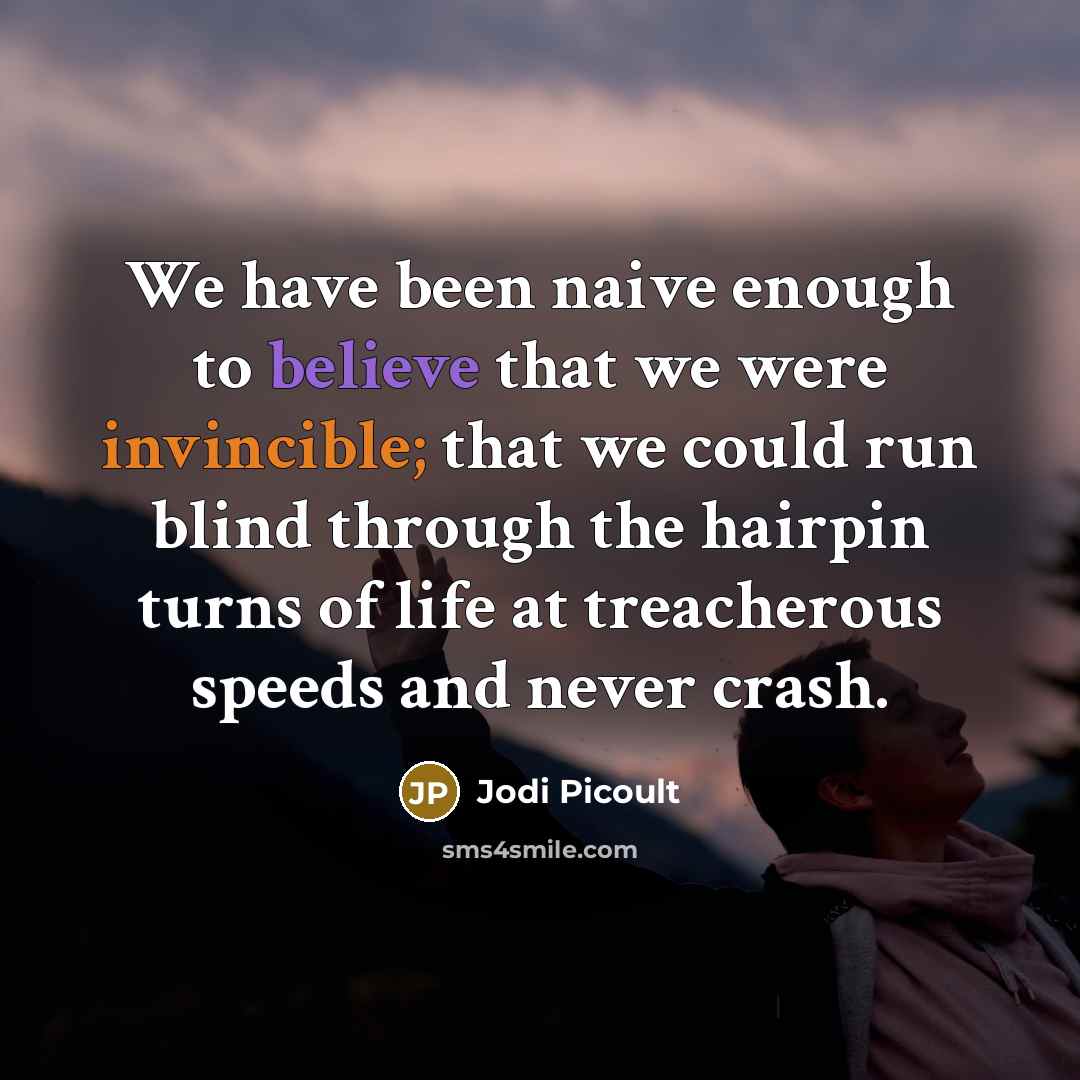 “We have been naive enough to believe that we were invincible; that we could run blind through the hairpin turns of life at treacherous speeds and never crash.” quote by Jodi Picoult