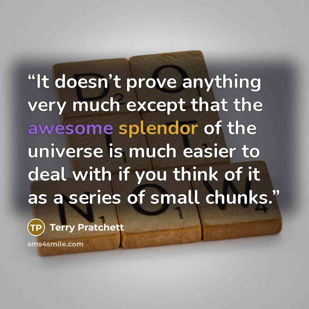 “It doesn’t prove anything very much except that the awesome splendor of the universe is much easier to deal with if you think of it as a series of small chunks.” quote by Terry Pratchett