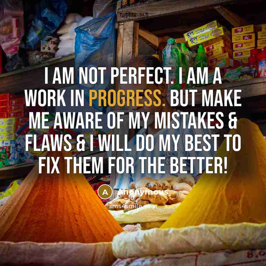 “I am not perfect. I am a work in progress. But make me aware of my mistakes & flaws & I will do my best to fix them for the better!” quote by Anonymous