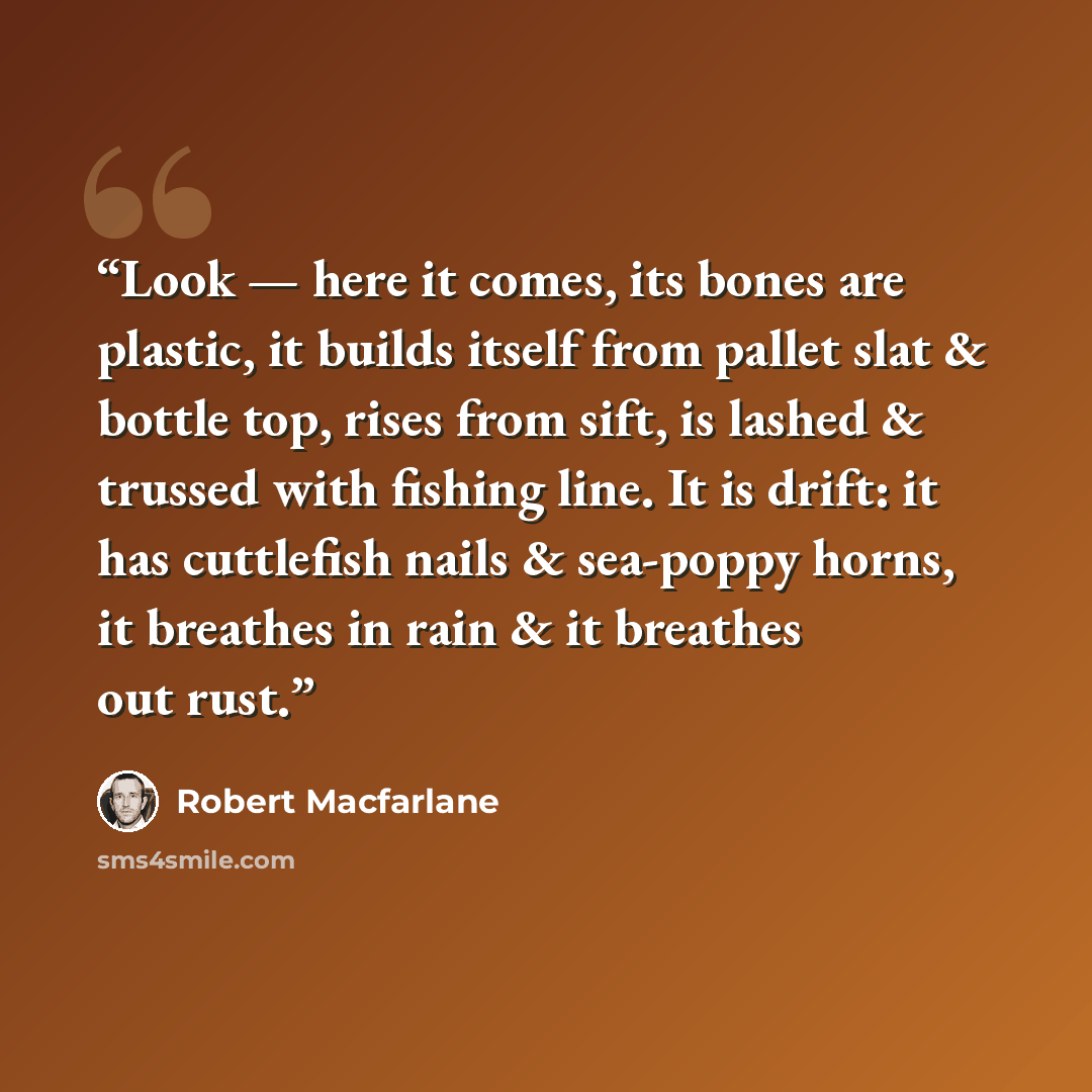 “Look — here it comes, its bones are plastic, it builds itself from pallet slat & bottle top, rises from sift, is lashed & trussed with fishing line. It is drift: it has cuttlefish nails & sea-poppy horns, it breathes in rain & it breathes out rust.” quote by Robert Macfarlane