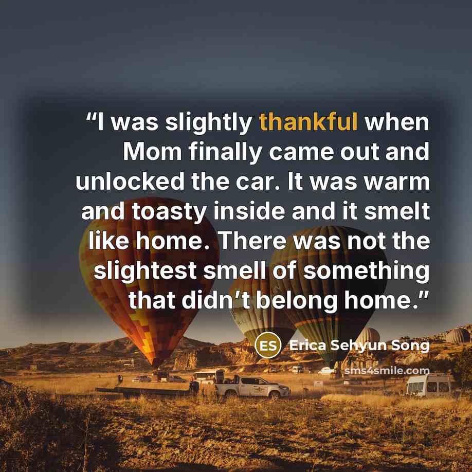 “I was slightly thankful when Mom finally came out and unlocked the car. It was warm and toasty inside and it smelt like home. There was not the slightest smell of something that didn’t belong home.” quote by Erica Sehyun Song