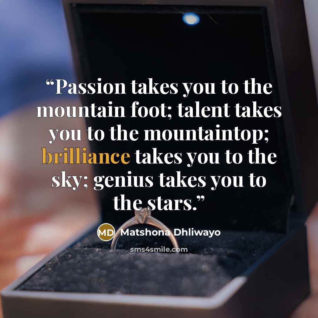 “Passion takes you to the mountain foot; talent takes you to the mountaintop; brilliance takes you to the sky; genius takes you to the stars.” quote by Matshona Dhliwayo
