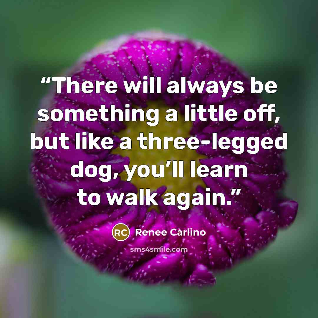 “There will always be something a little off, but like a three-legged dog, you’ll learn to walk again.” quote by Renee Carlino