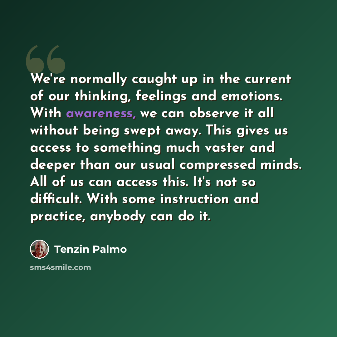 “We're normally caught up in the current of our thinking, feelings and emotions. With awareness, we can observe it all without being swept away. This gives us access to something much vaster and deeper than our usual compressed minds. All of us can access this. It's not so difficult. With some…” quote by Tenzin Palmo