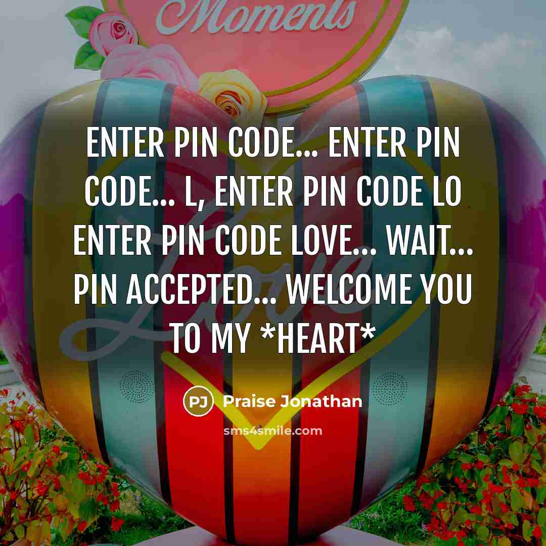 “Enter PIN code... Enter PIN code... L, Enter PIN code LO Enter PIN code LOVE… Wait… PIN Accepted... Welcome you to my *heart*” quote by Praise Jonathan