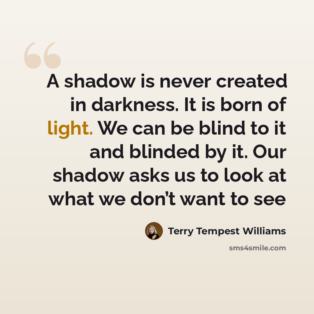 “A shadow is never created in darkness. It is born of light. We can be blind to it and blinded by it. Our shadow asks us to look at what we don’t want to see” quote by Terry Tempest Williams