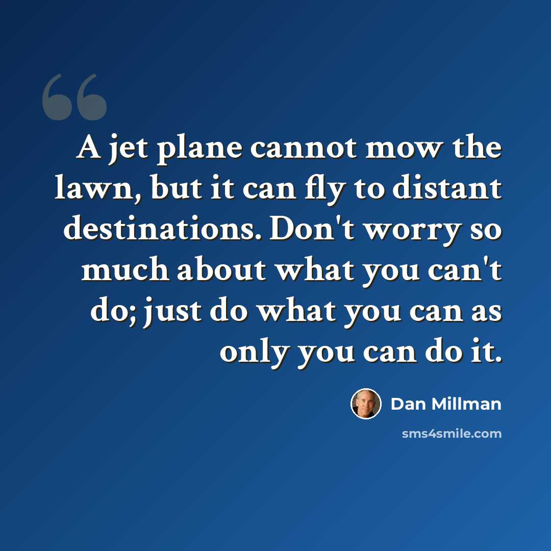 “A jet plane cannot mow the lawn, but it can fly to distant destinations. Don't worry so much about what you can't do; just do what you can as only you can do it.” quote by Dan Millman