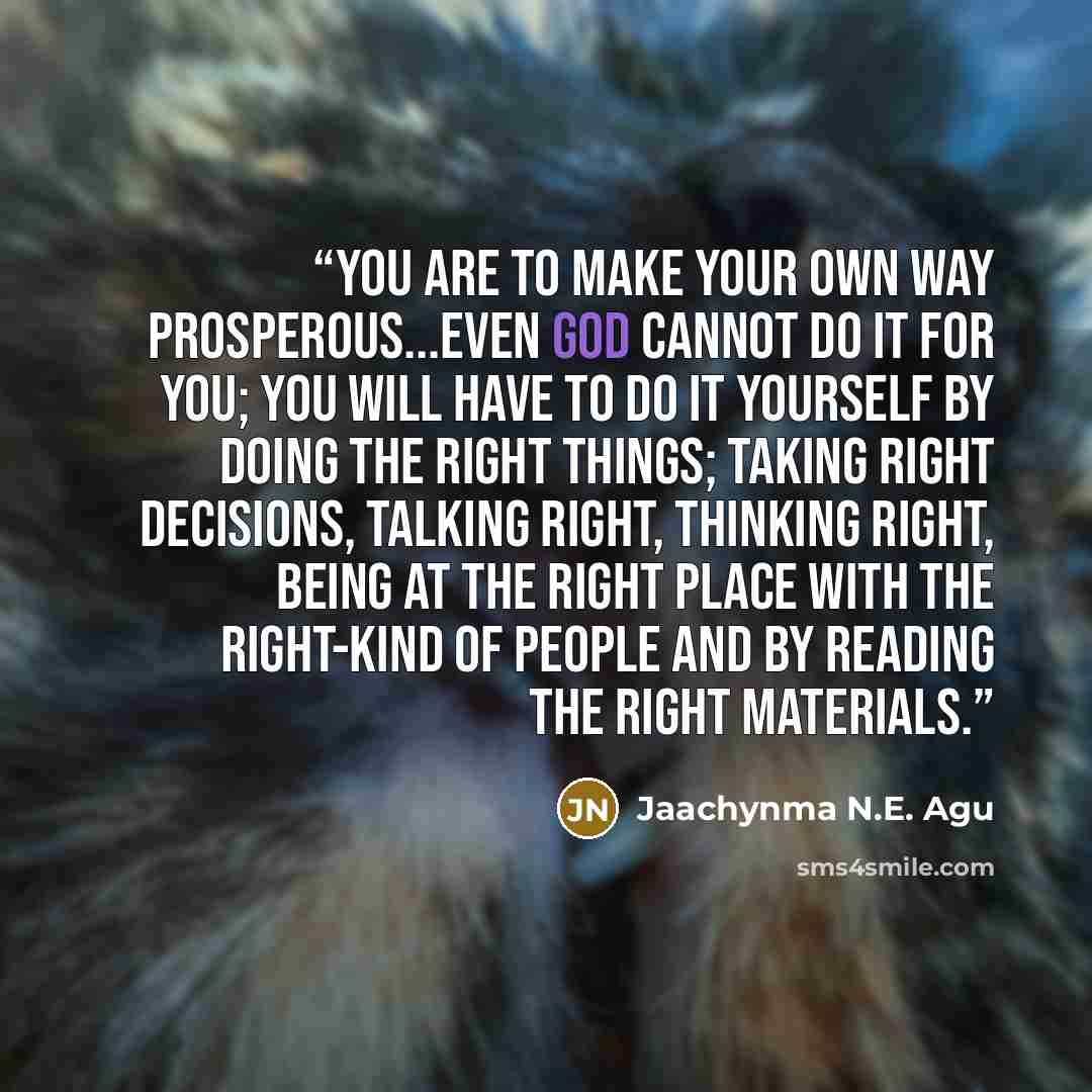 “You are to make your own way prosperous...Even God cannot do it for you; you will have to do it yourself by doing the right things; taking right decisions, talking right, thinking right, being at the right place with the right-kind of people and by reading the right materials.” quote by Jaachynma N.E. Agu