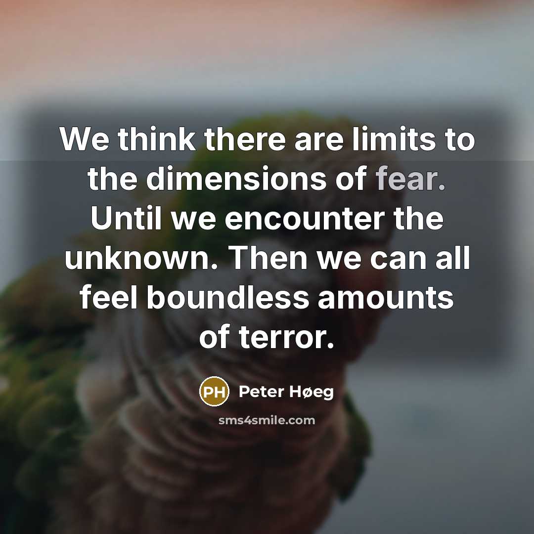 “We think there are limits to the dimensions of fear. Until we encounter the unknown. Then we can all feel boundless amounts of terror.” quote by Peter Høeg