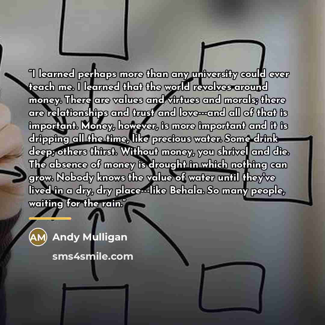 “I learned perhaps more than any university could ever teach me. I learned that the world revolves around money. There are values and virtues and morals; there are relationships and trust and love---and all of that is important. Money, however, is more important and it is dripping all the time…” quote by Andy Mulligan