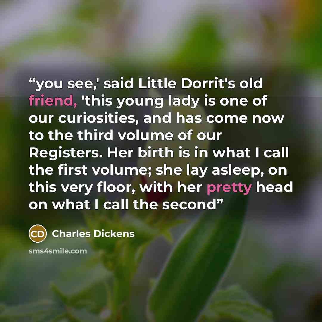 “you see,' said Little Dorrit's old friend, 'this young lady is one of our curiosities, and has come now to the third volume of our Registers. Her birth is in what I call the first volume; she lay asleep, on this very floor, with her pretty head on what I call the second” quote by Charles Dickens