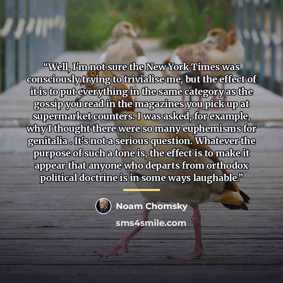 “Well, I'm not sure the New York Times was consciously trying to trivialise me, but the effect of it is to put everything in the same category as the gossip you read in the magazines you pick up at supermarket counters. I was asked, for example, why I thought there were so many euphemisms for…” quote by Noam Chomsky