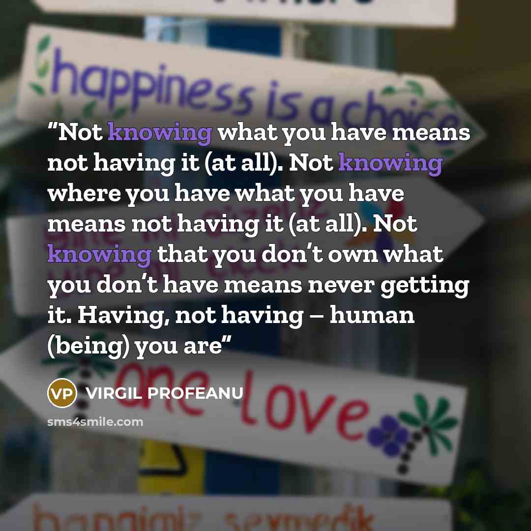 “Not knowing what you have means not having it (at all). Not knowing where you have what you have means not having it (at all). Not knowing that you don’t own what you don’t have means never getting it. Having, not having – human (being) you are” quote by VIRGIL PROFEANU