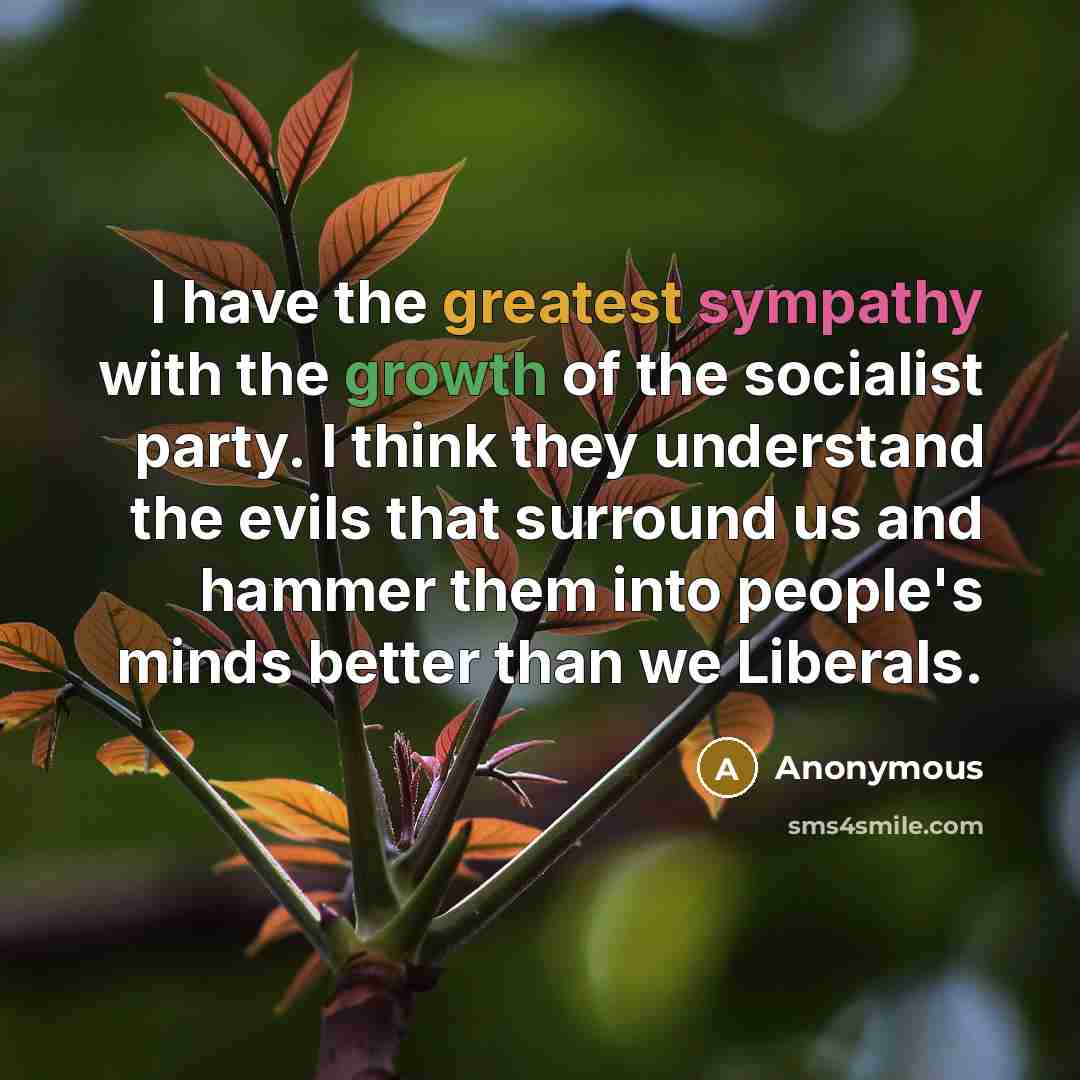 “I have the greatest sympathy with the growth of the socialist party. I think they understand the evils that surround us and hammer them into people's minds better than we Liberals.” quote by Anonymous