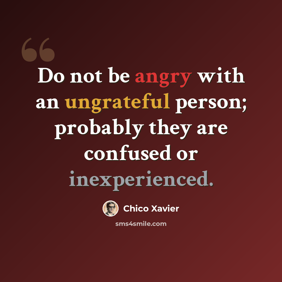 “Do not be angry with an ungrateful person; probably they are confused or inexperienced.” quote by Chico Xavier